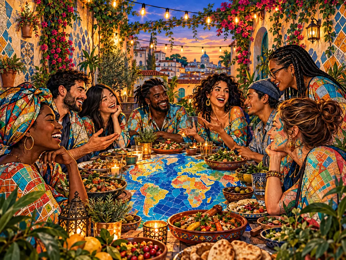 Multicultural friends sharing food and conversation