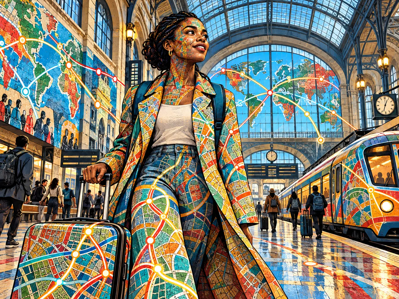 Traveller confidently navigating an international train station