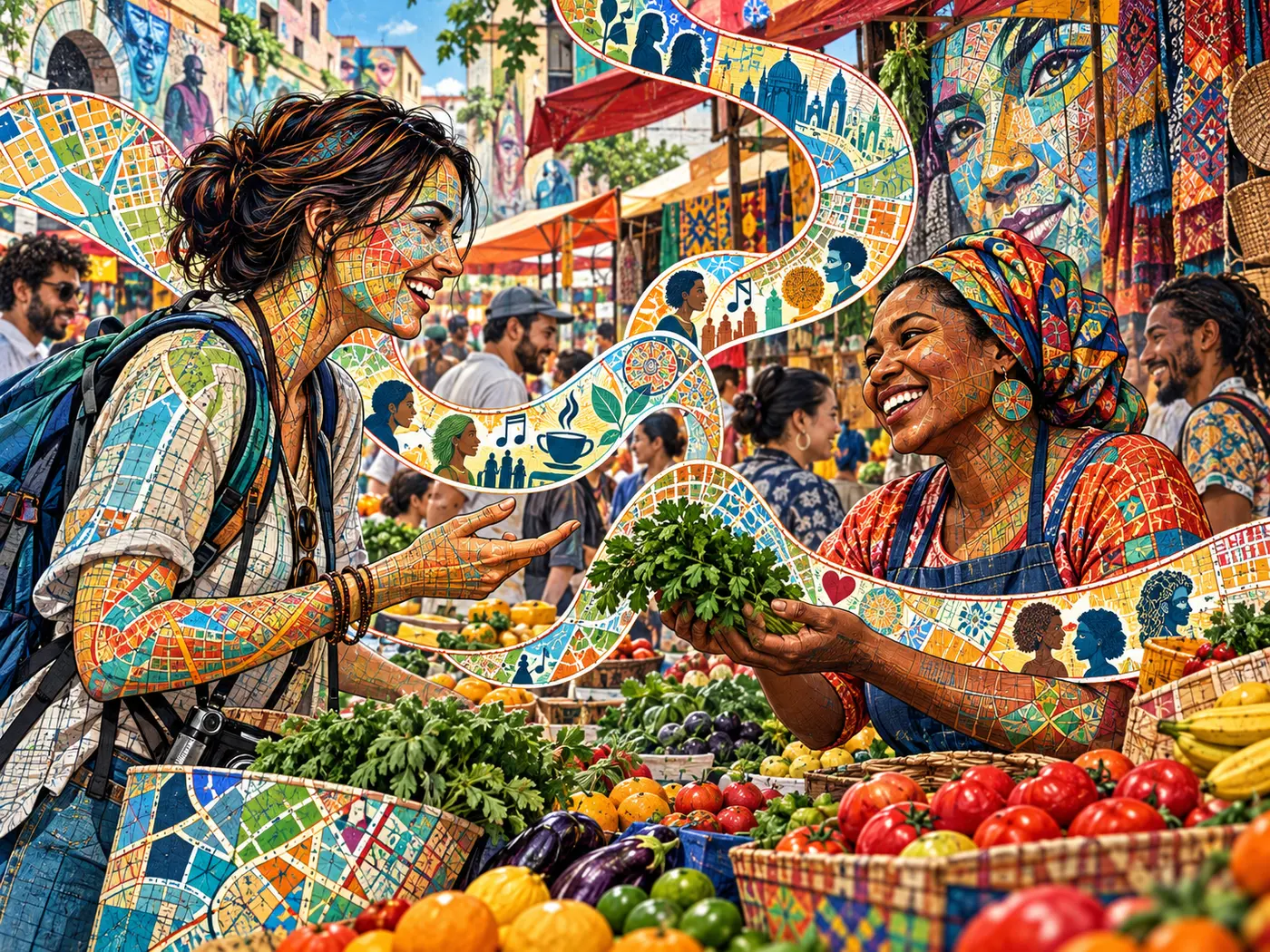 Traveller connecting with a market vendor across cultures