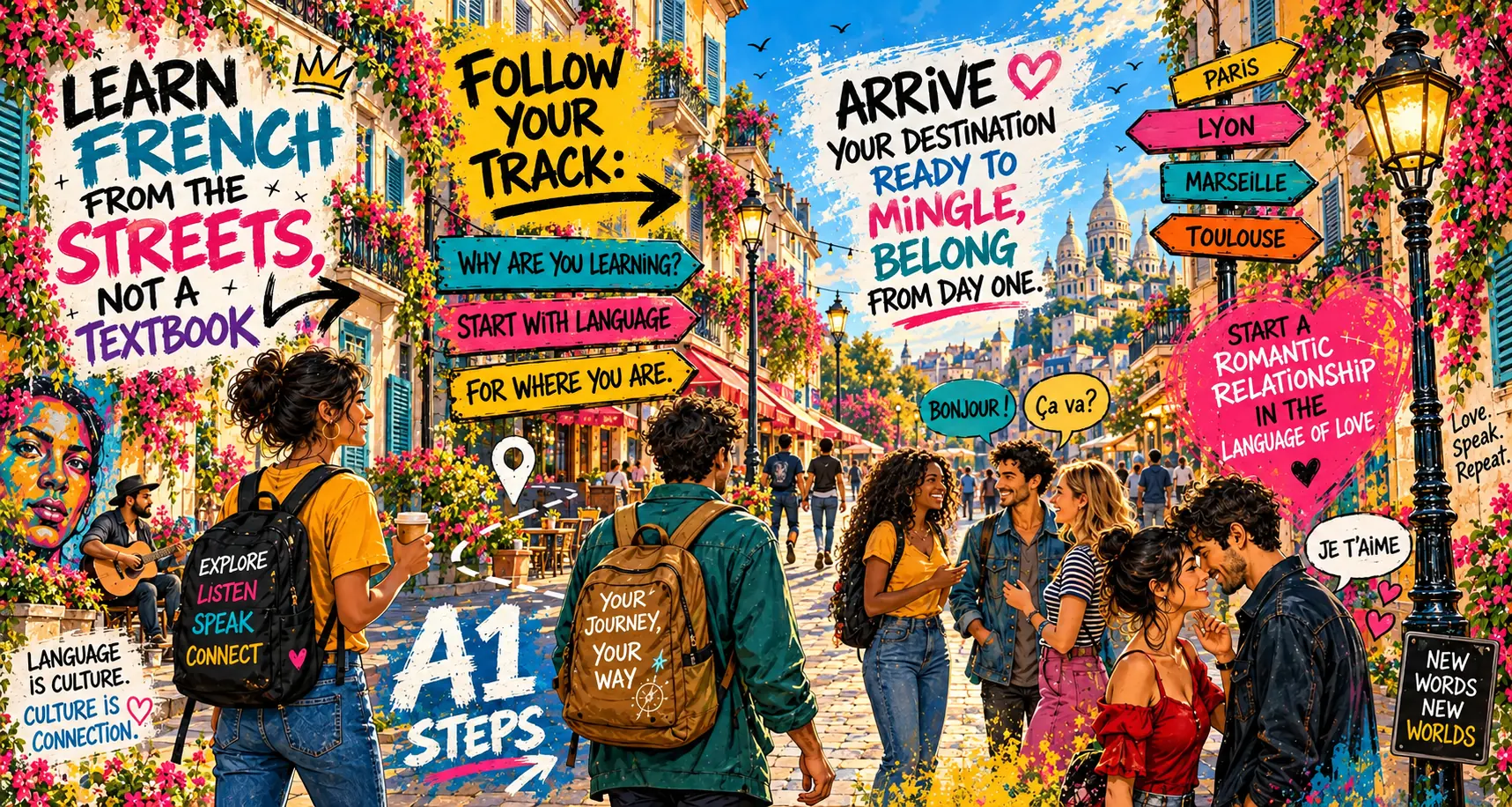 French learners connecting on a colourful Francophone street mural with A1 fluency messages and destination signs