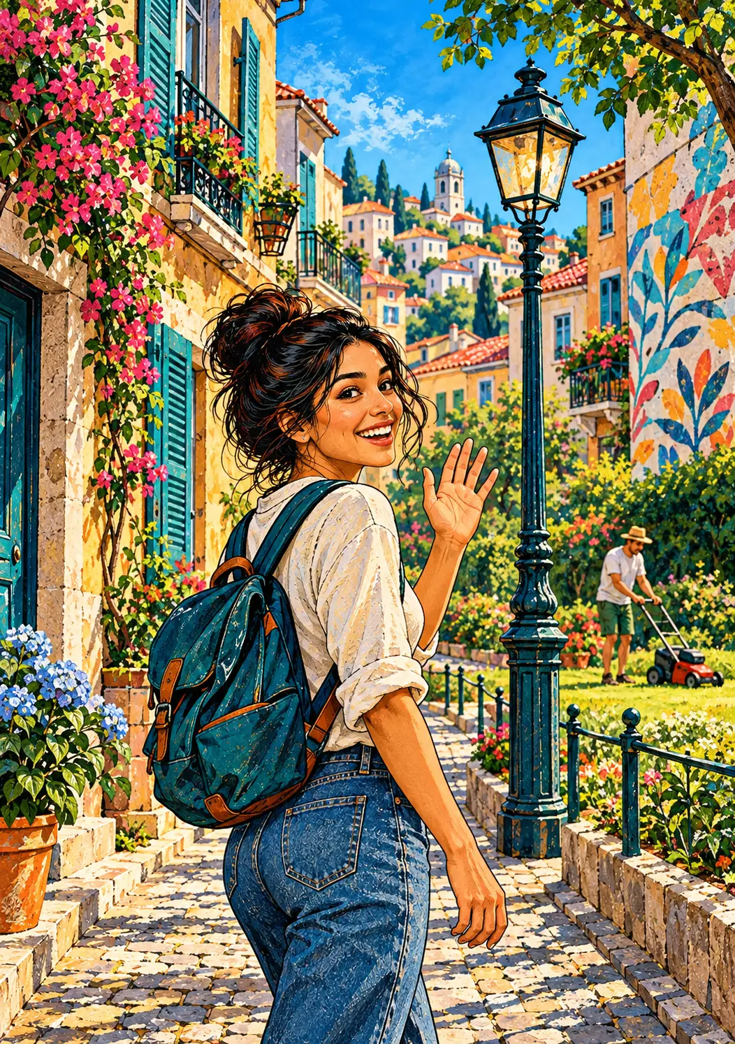 Young French learner waving on a colourful Francophone neighbourhood street