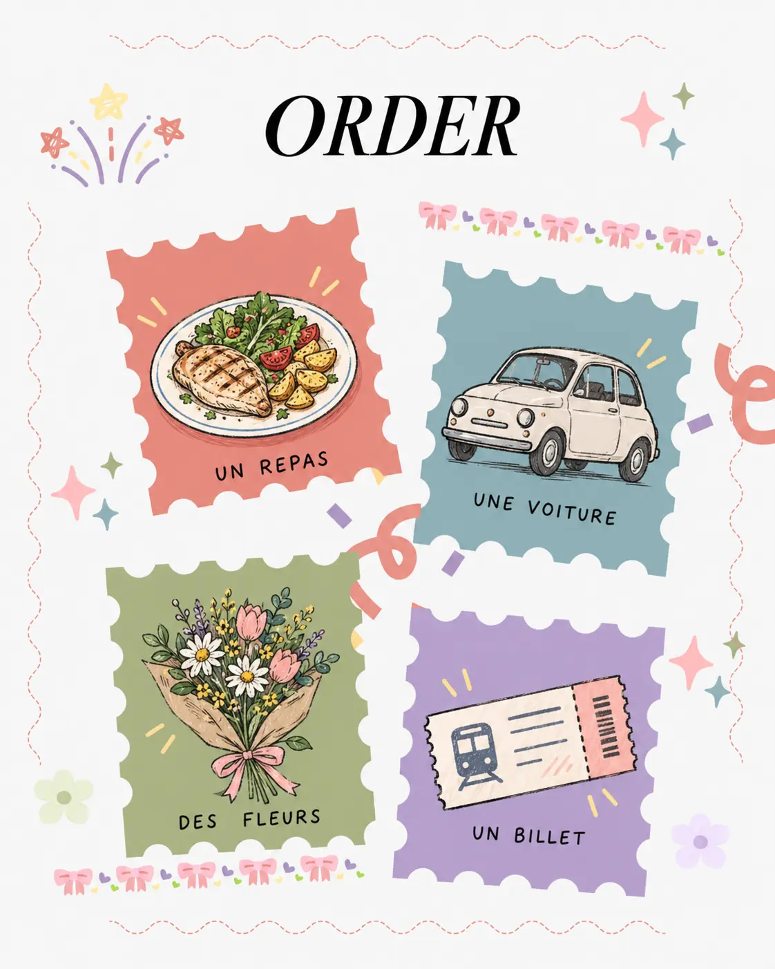 French ordering vocabulary postcard showing a meal, car, flowers and train ticket