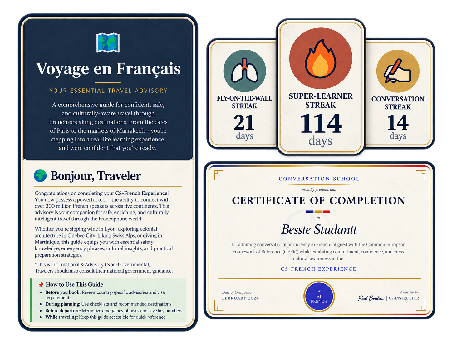 Learning streaks, certificates and milestone rewards